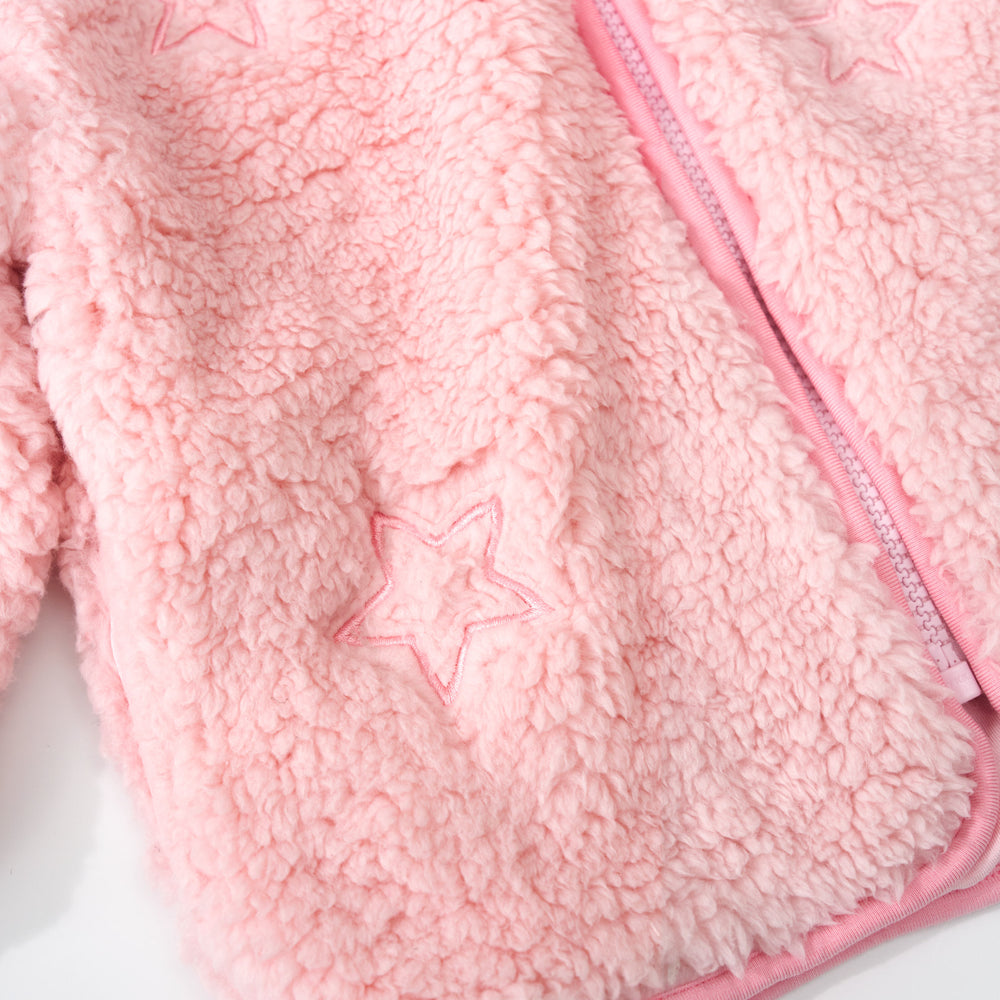 Close up of the bottom hemline on a Prima Pink Sherpa Zip Jacket