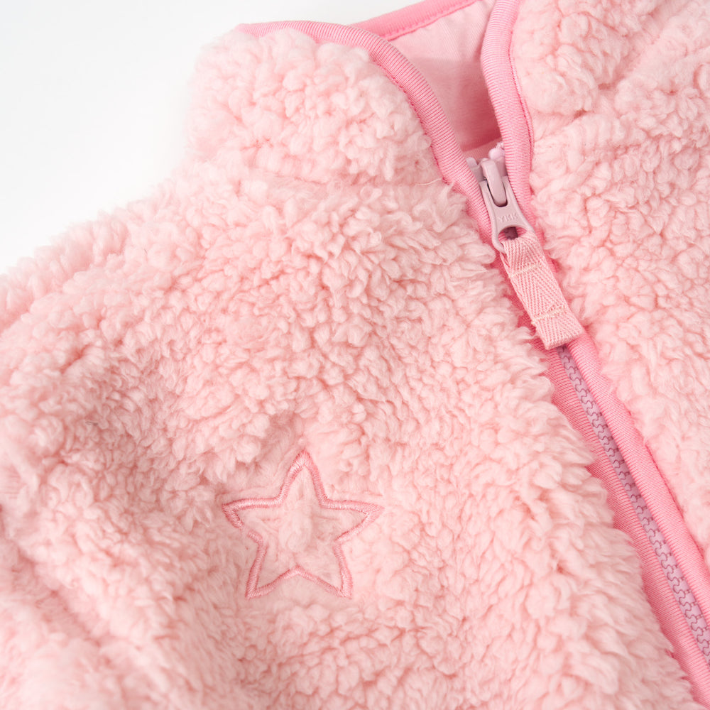 Close up of the zipper top on a Prima Pink Sherpa Zip Jacket