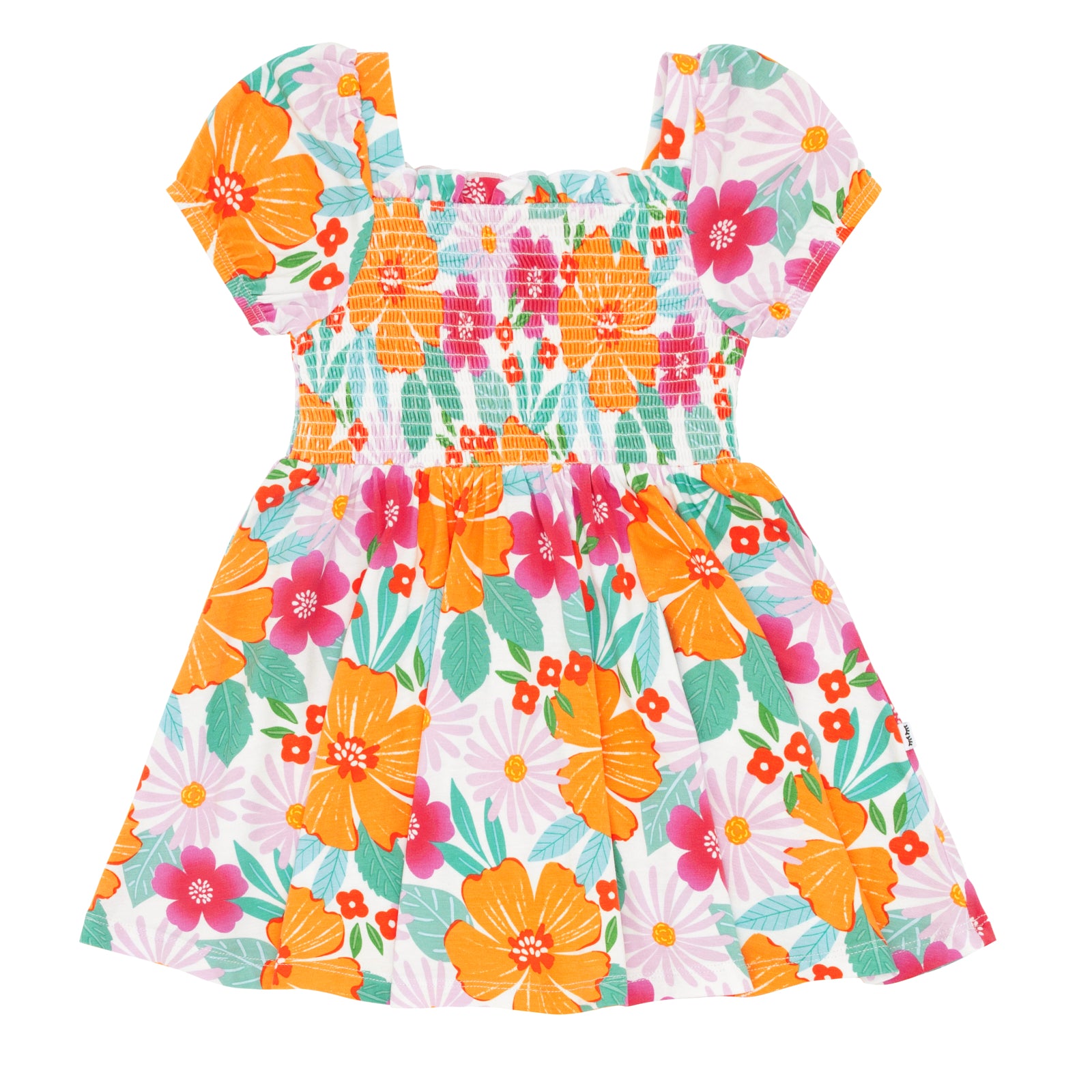 Flat lay image of a Beachy Blooms puff sleeve smocked dress