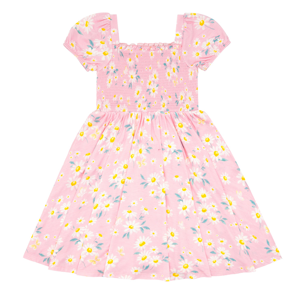 Flat lay image of a Rosy Meadow puff sleeve smocked dress