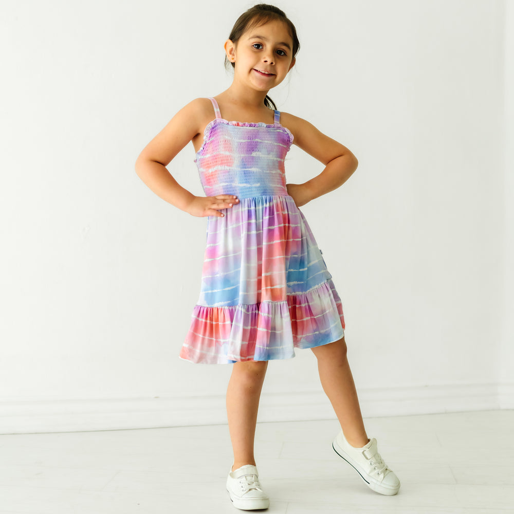 Child wearing a Pastel Tie Dye Dreams tank smocked dress