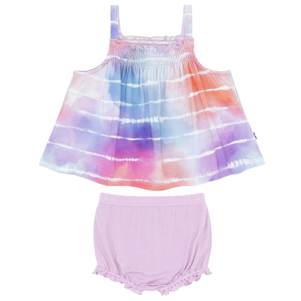 Flat lay image of a Pastel Tie Dye Dreams tank smocked top with shorty bloomer