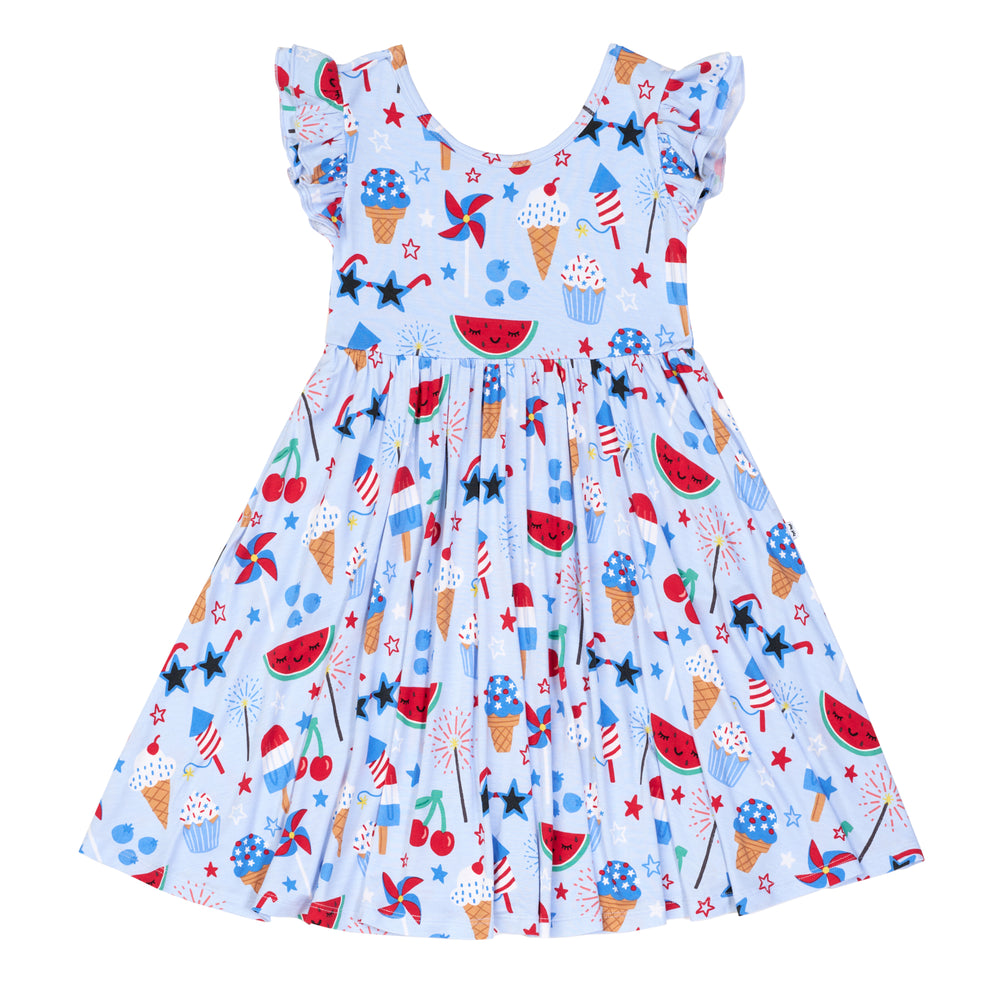 Flat lay image of a Stars, Stripes & Sweets flutter twirl dress