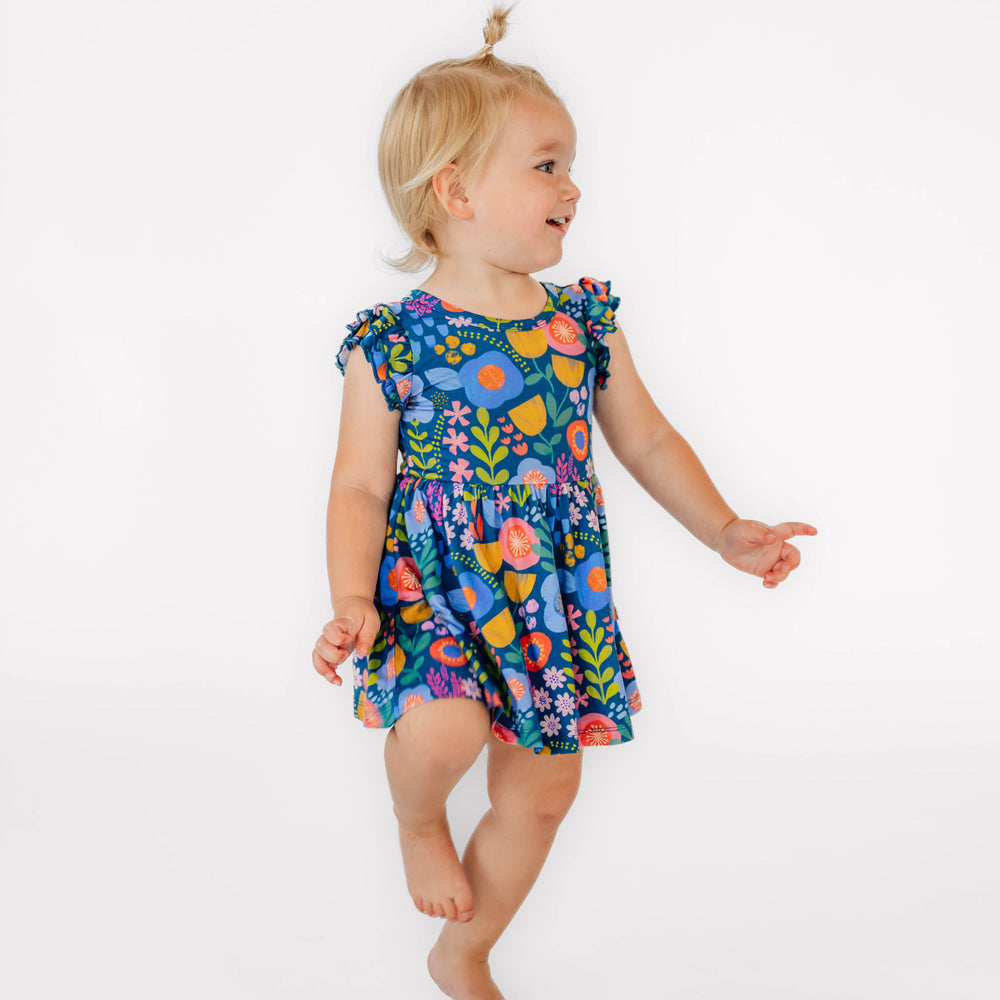 Alternative image of girl posing while wearing the Folk Floral Flutter Twirl Dress with Bodysuit