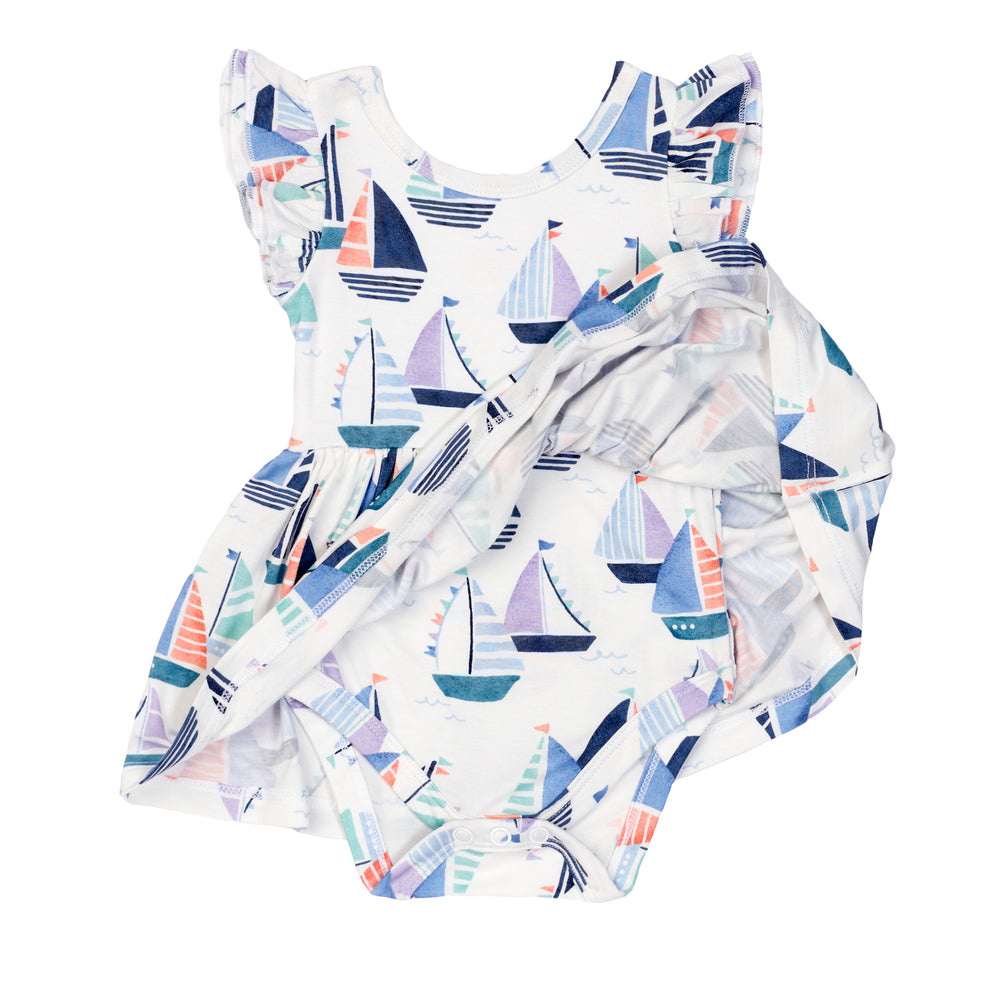Flat lay image of a Seas the Day Flutter Skater Dress with bodysuit showing the hidden bodysuit