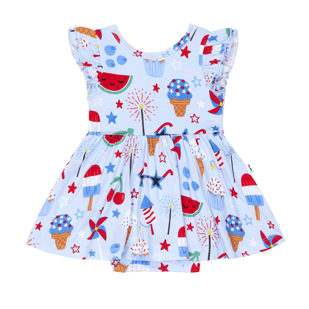 Flat lay image of a Stars, Stripes & Sweets flutter twirl dress with bodysuit