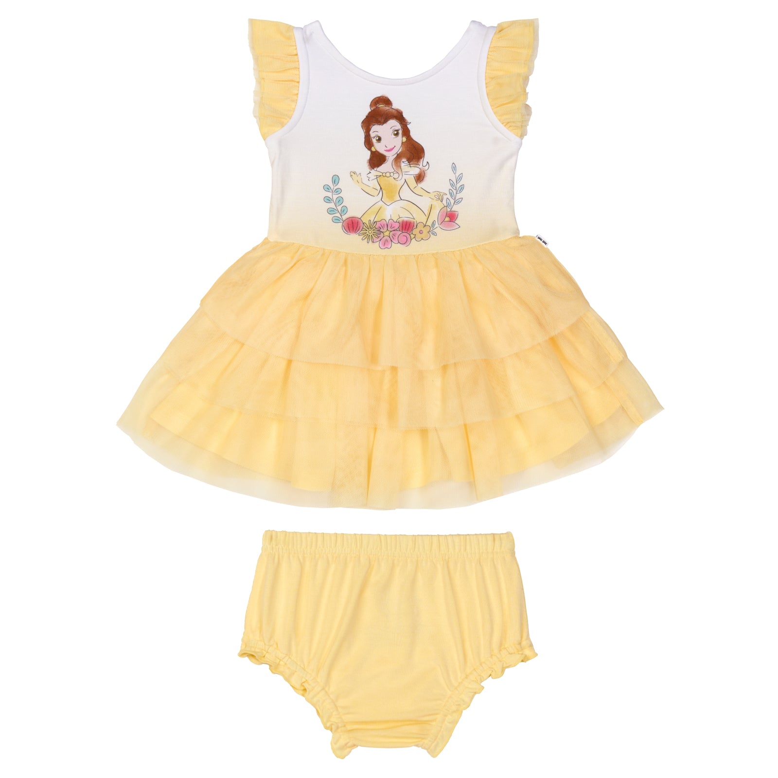 Flat lay image of a Belle flutter tiered tutu dress with bloomer