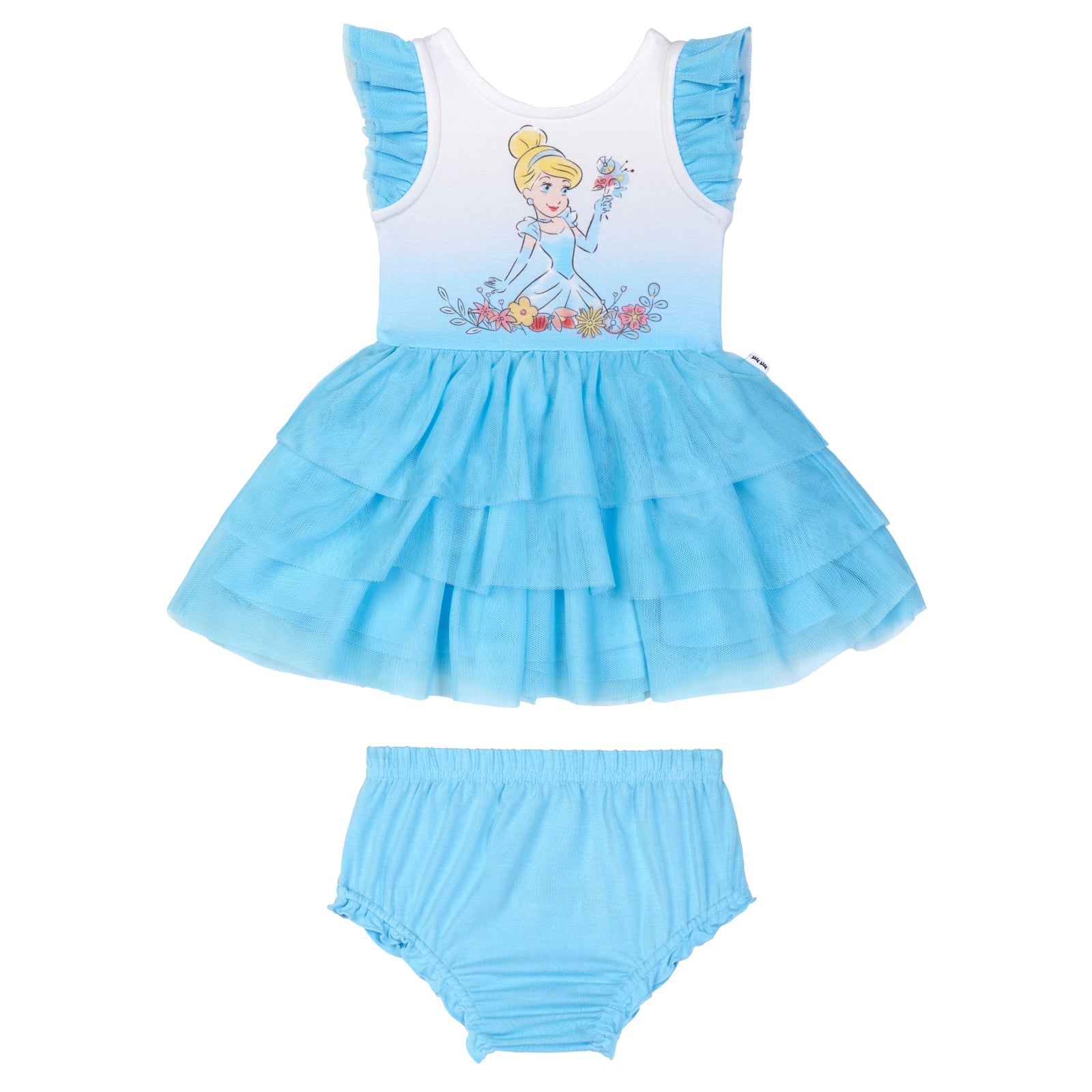 Flat lay image of a Cinderella flutter tiered tutu dress with bloomer
