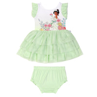 Flat lay image of a Tiana flutter tiered tutu dress with bloomer