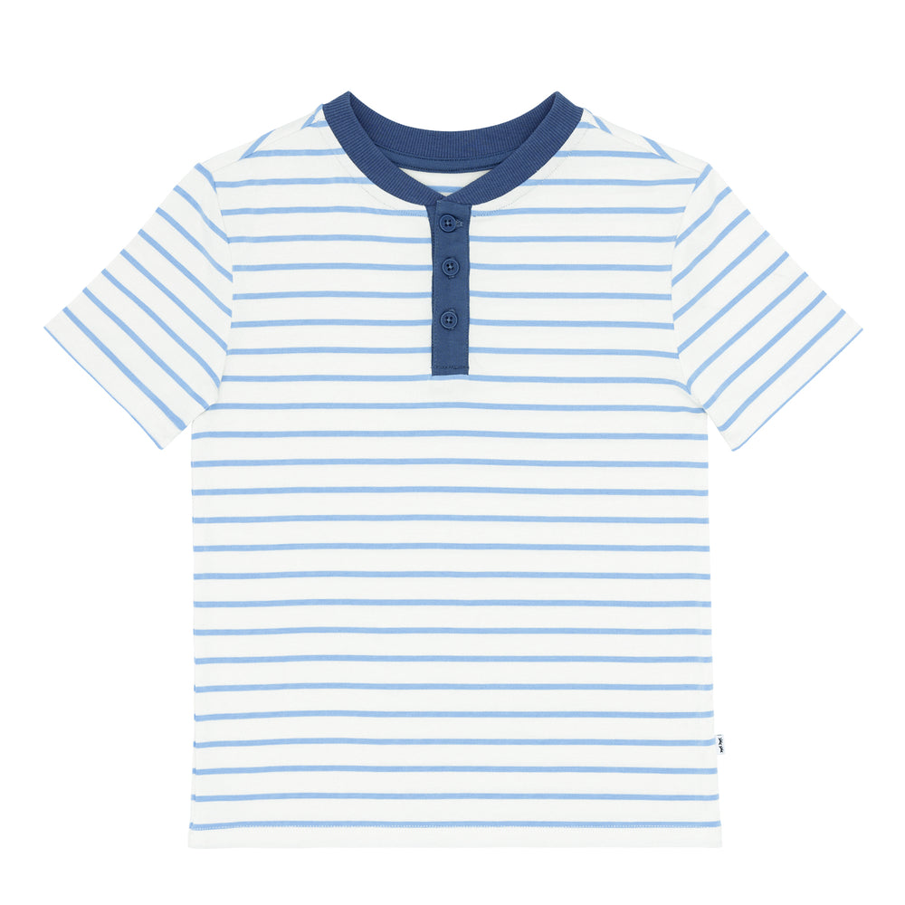 Flat lay image of Blue Wave Stripes Henley Tee