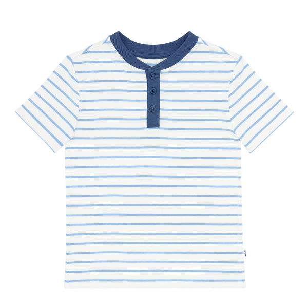 Flat lay image of Blue Wave Stripes Henley Tee