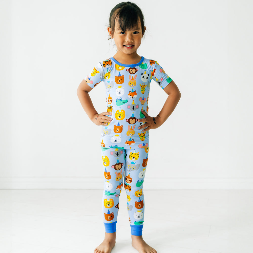 Girl wearing Blue Party Pals Two-Piece Pajama Set