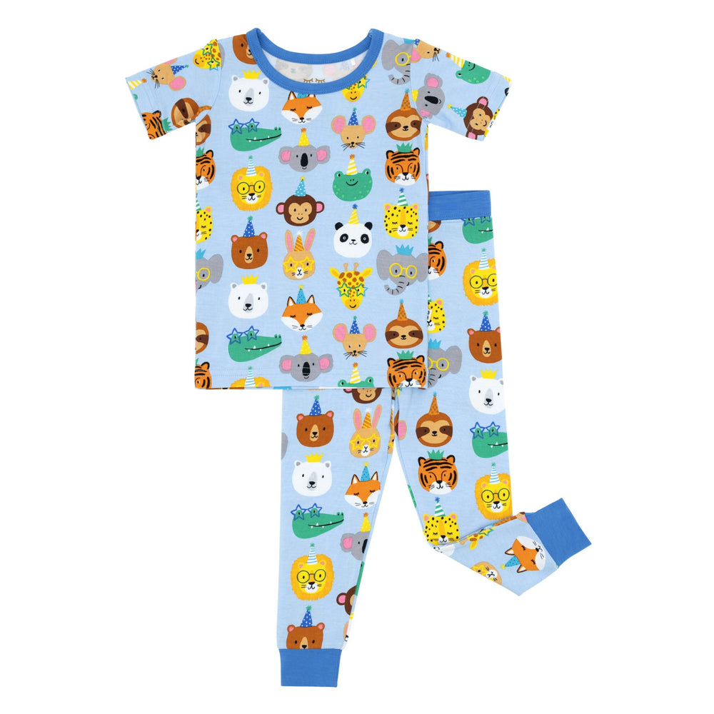 Flat lay image of a Blue Party Pals two piece short sleeve pj set