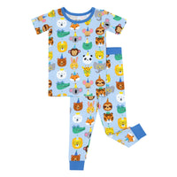 Flat lay image of a Blue Party Pals two piece short sleeve pj set