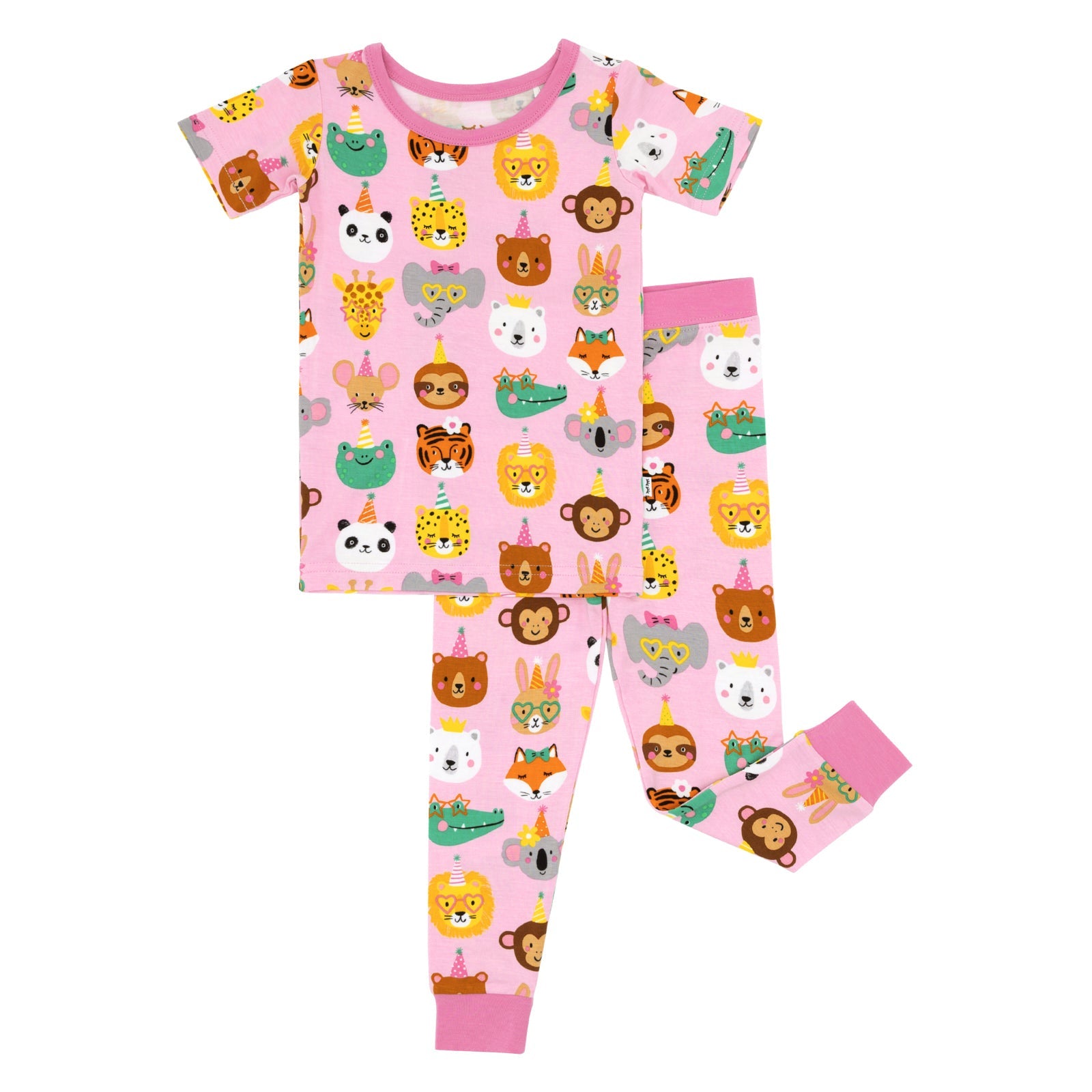 Flat lay image of a Pink Party Pals two piece short sleeve pj set