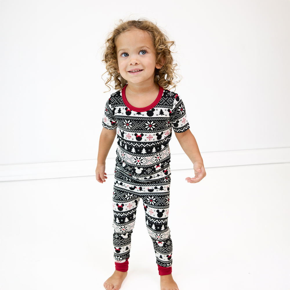 Child wearing two piece Mickey Fair Isle short sleeve pj set 