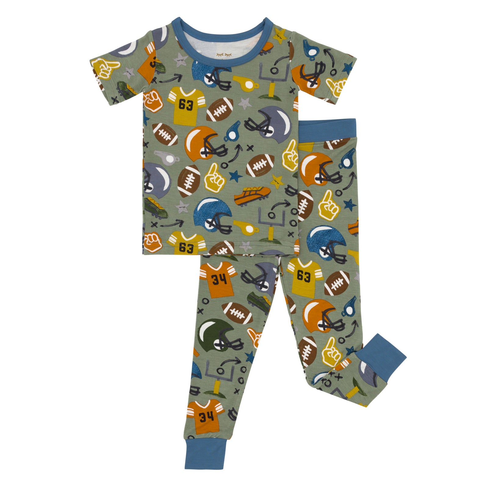 Flat lay image of the touchdown-time-two-piece-short-sleeve-pajama-set