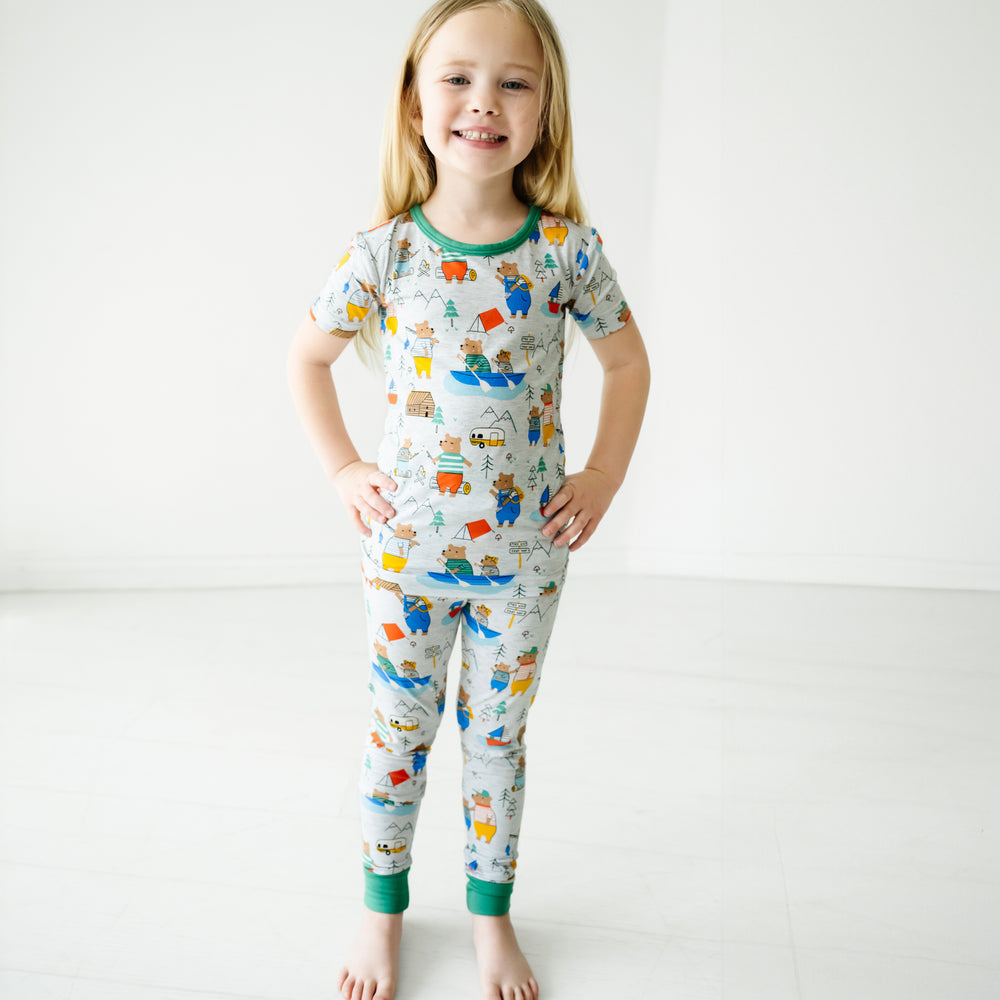Alternate image of a child posing wearing a Papa Bear two piece short sleeve pajama set