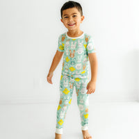 child wearing a Aqua Pastel Parade two piece short sleeve pajama set