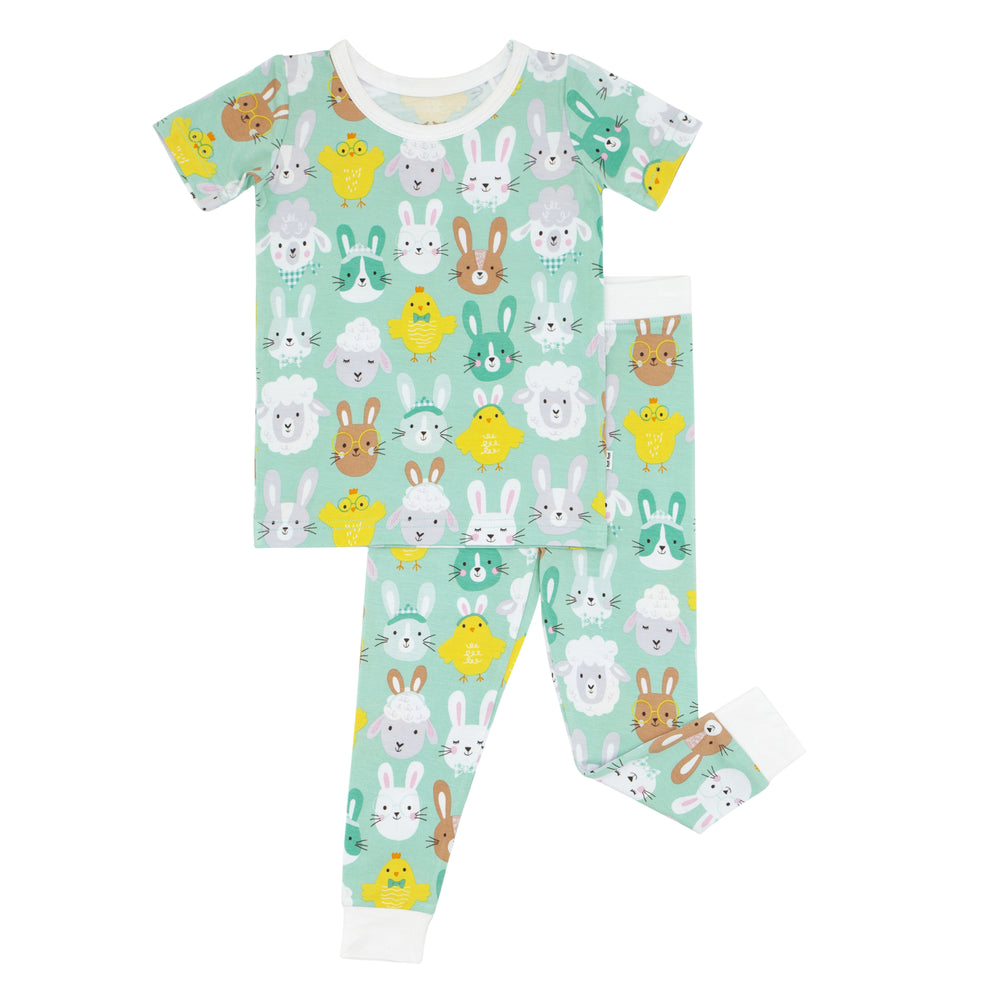 Click to see full screen - Flat lay image of Aqua Pastel Parade two piece short sleeve pajama set