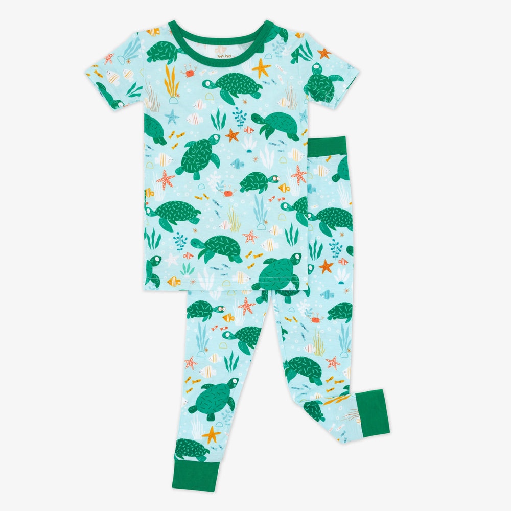 Flat lay image of a Sea Turtle Friends two piece short sleeve pj set