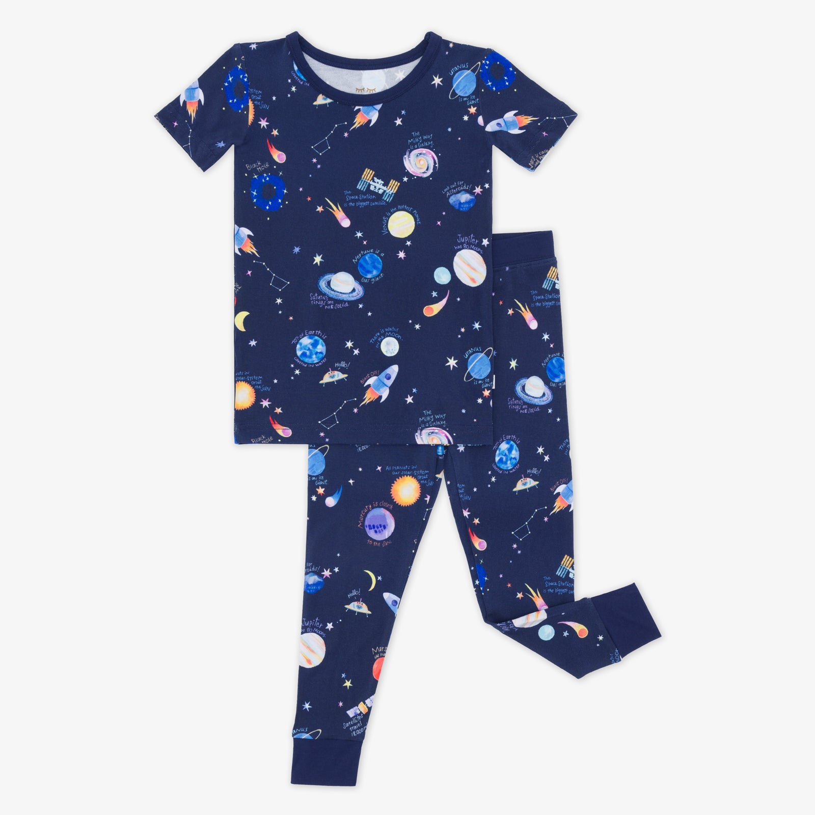 Flat lay image of a Through My Telescope two piece short sleeve pj set