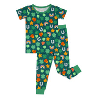 Flat lay image of a Lucky printed short sleeve two piece pajama set