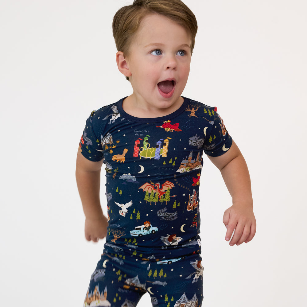 Alternate close up image of a child wearing An Evening at Hogwarts two piece short sleeve pj set