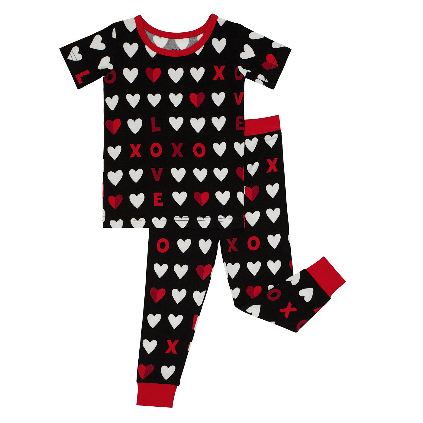 Flat lay image of a Black XOXO two piece short sleeve pajama set