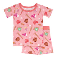 Flat lay image of a Pink All Stars two piece short sleeve and shorts pajama set