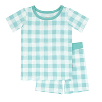 Flat lay image of a Aqua Gingham two piece short sleeve and shorts pajama set