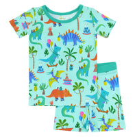 Flat lay image of a Prehistoric Party two piece short sleeve and shorts pj set