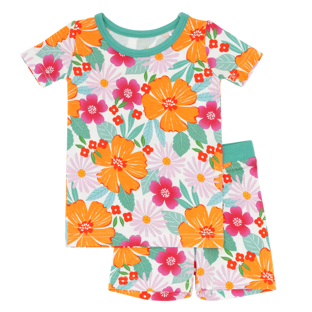 Flat lay image of Beachy Blooms two piece short sleeve and shorts pajama set