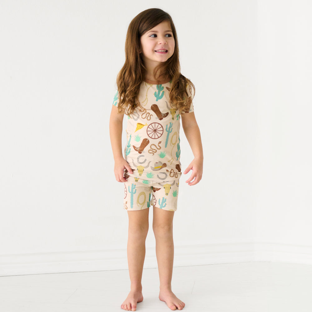 Alternate image of a child wearing a Caramel Ready to Rodeo two piece short sleeve and shorts pajama sets
