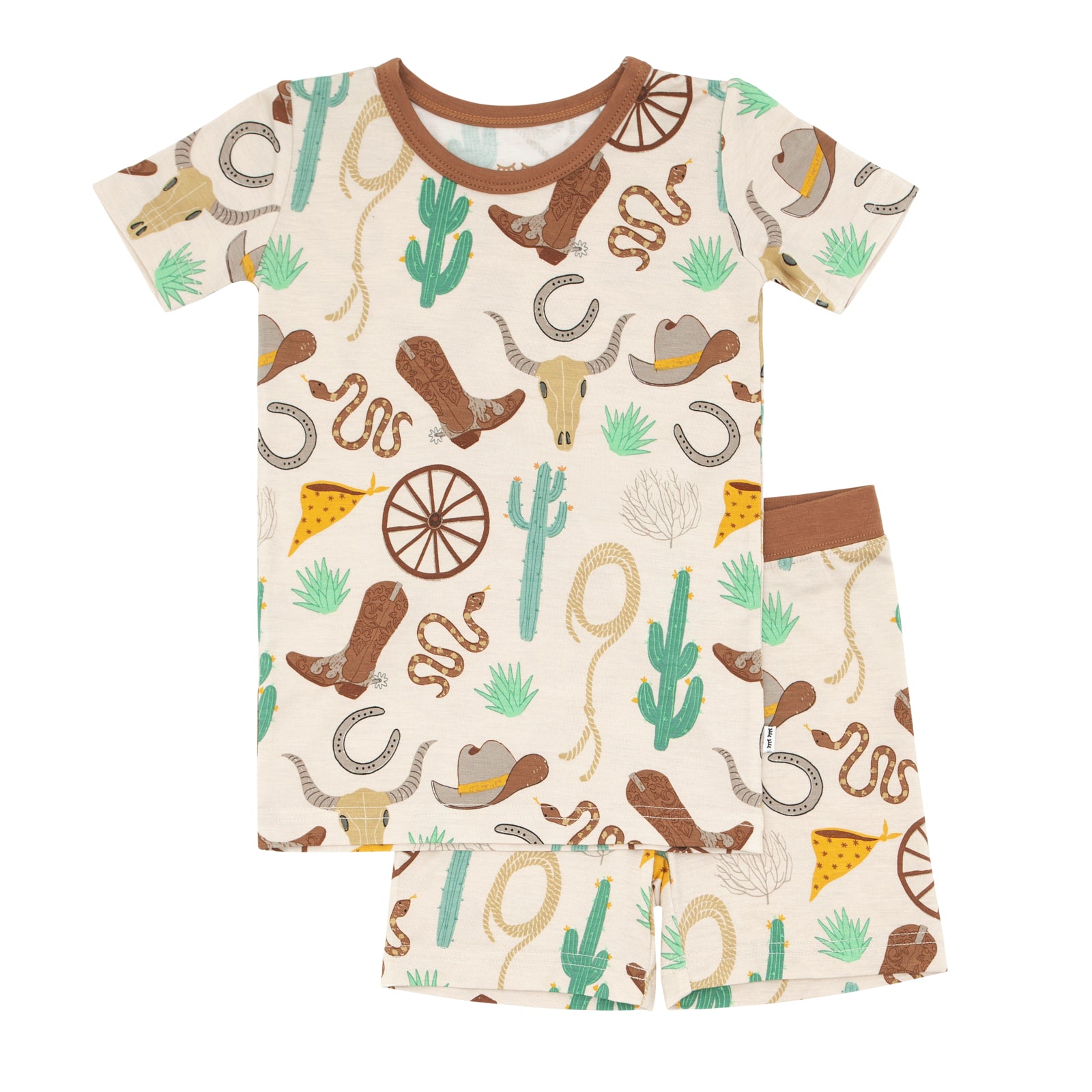 Flat lay image of a Caramel Ready to Rodeo two piece short sleeve and shorts pajama sets