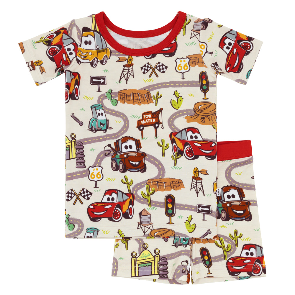 Flat lay image of a Radiator Springs two piece short sleeve and shorts pajama set
