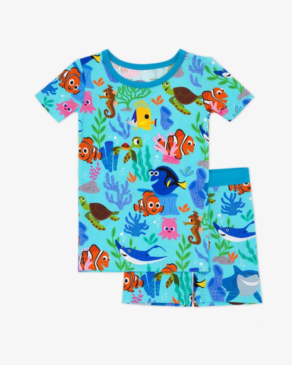 Flat lay of the Disney Nemo's Reef Two-Piece Short Sleeve & Shorts Pajama Set