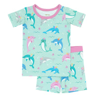 Flat lay image of a Dolphin Dance two-piece short sleeve & shorts pajama set