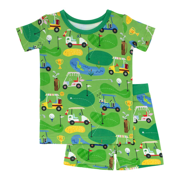 Flat lay image of a Fairway Fun Two-Piece Short Sleeve & Shorts Pajama Set