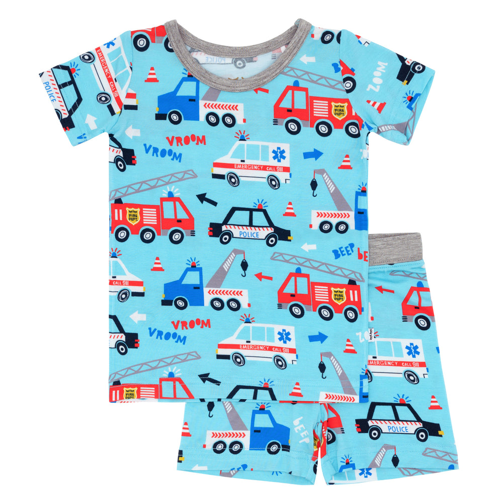 Flat lay image of a To The Rescue Two piece short sleeve and shorts pj set