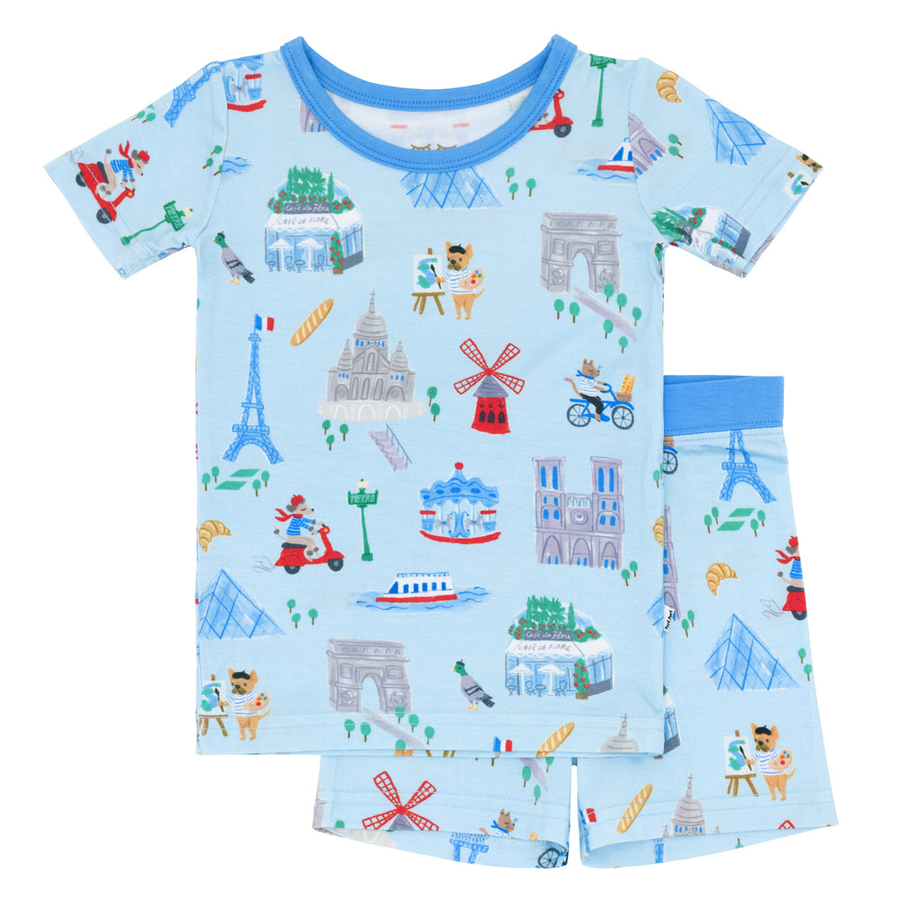 Flat lay image of the Blue Weekend in Paris Two-Piece Short Sleeve & Shorts Pajama Set