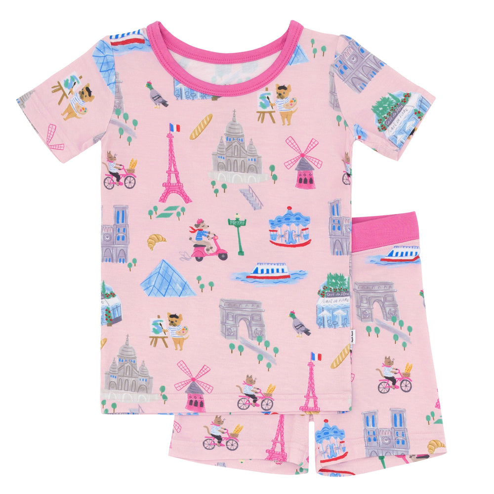 Flat lay image of the Pink Weekend in Paris Two-Piece Short Sleeve & Shorts Pajama Set
