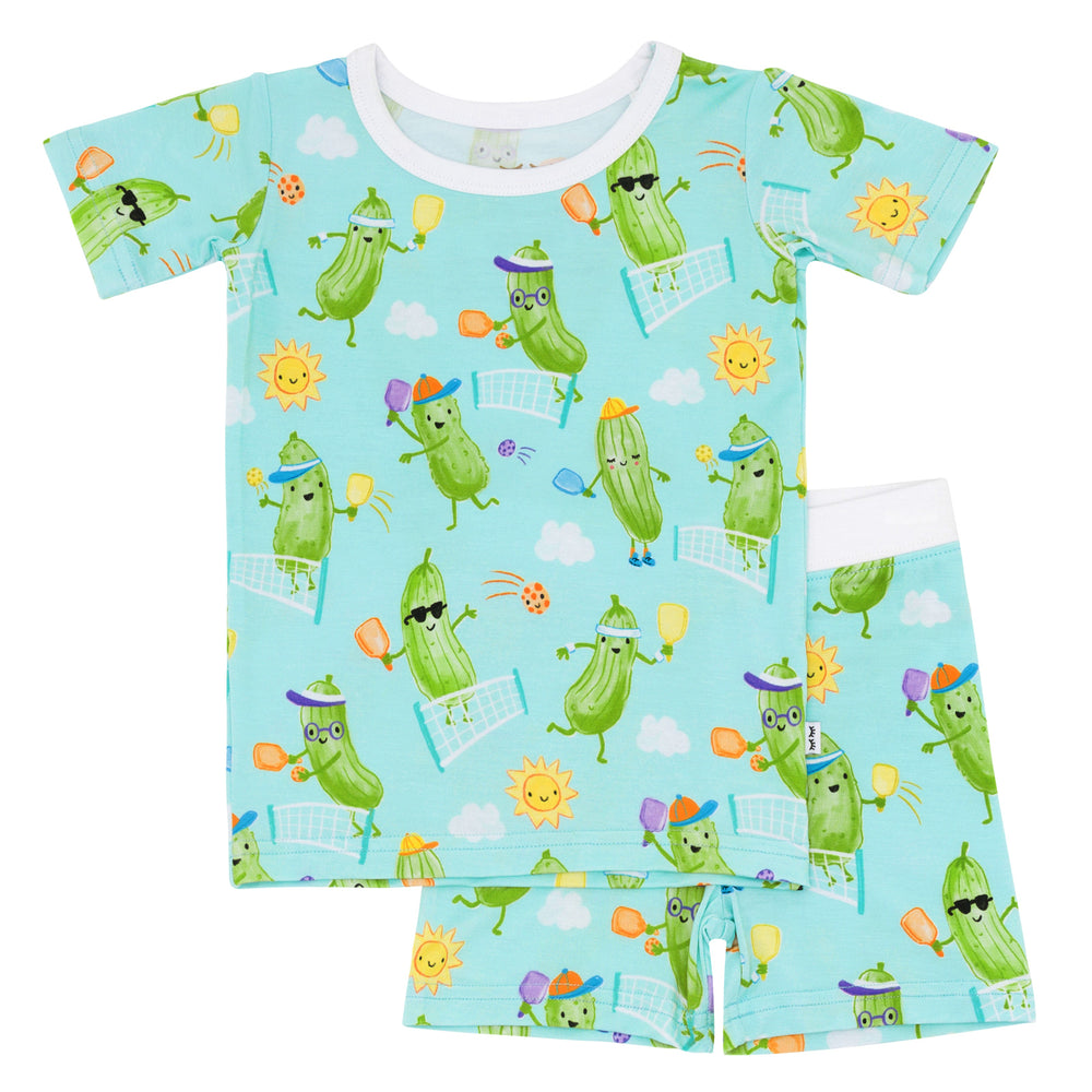 Flat lay image of the Pickle Power Two-Piece Short Sleeve & Shorts Pajama Set