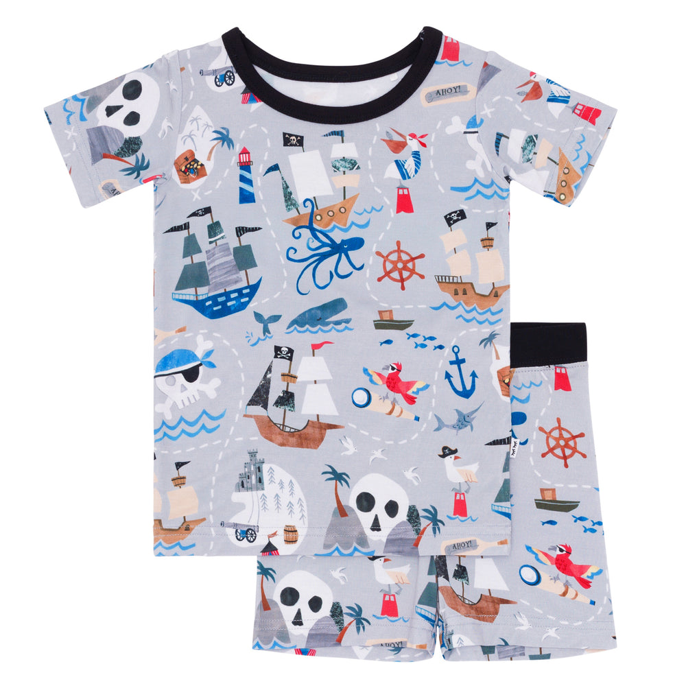 Flat lay image of the Pirate's Map Two-Piece Short Sleeve & Shorts Pajama Set