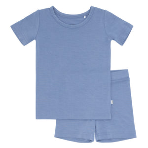 Flat lay image of Slate Blue two piece short sleeve and shorts pajama set