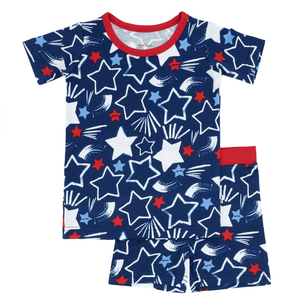 Flat lay image of a Star Spangled two piece short sleeve and shorts pj set