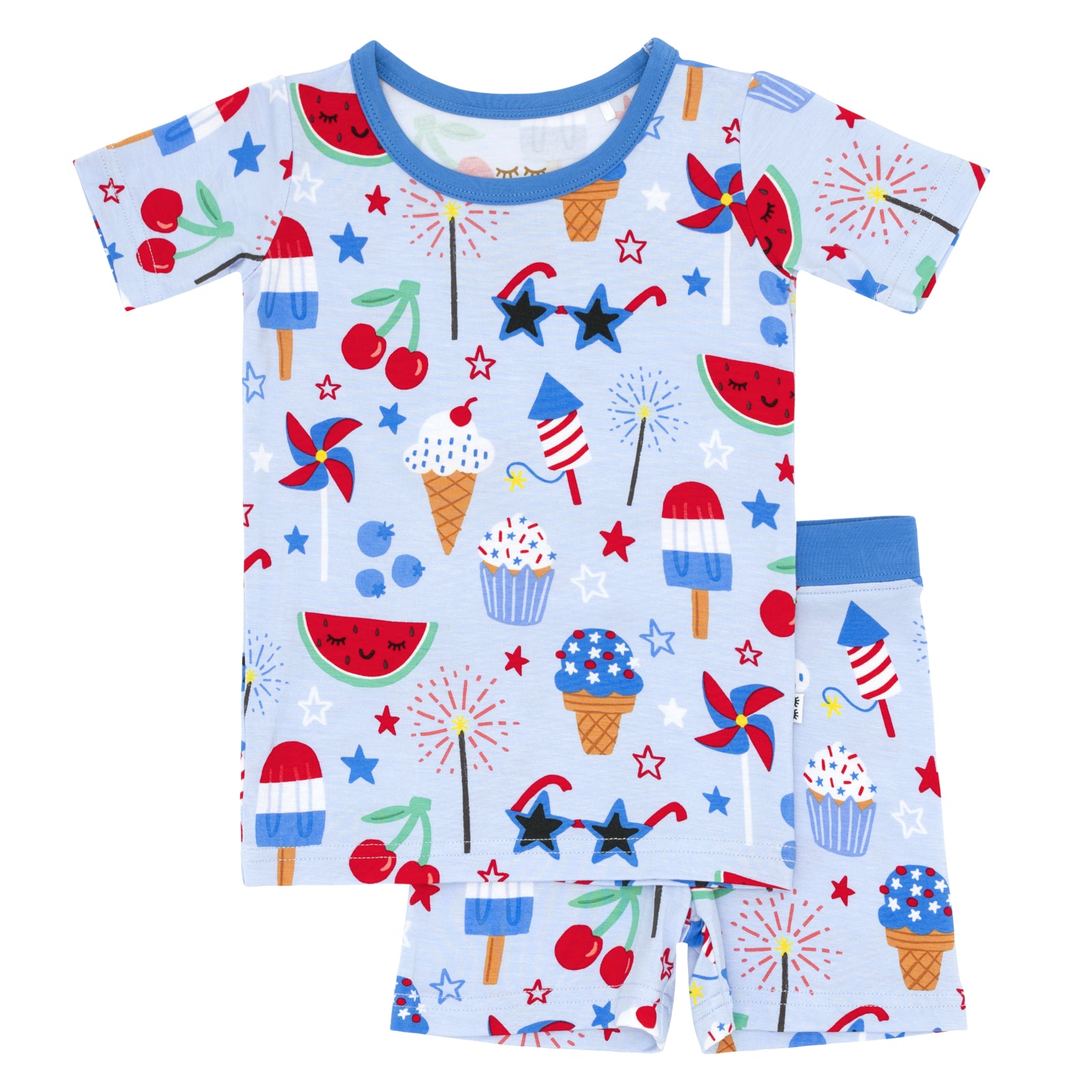 Flat lay image of a Stars Stripes and Sweets two piece short sleeve and shorts pj set