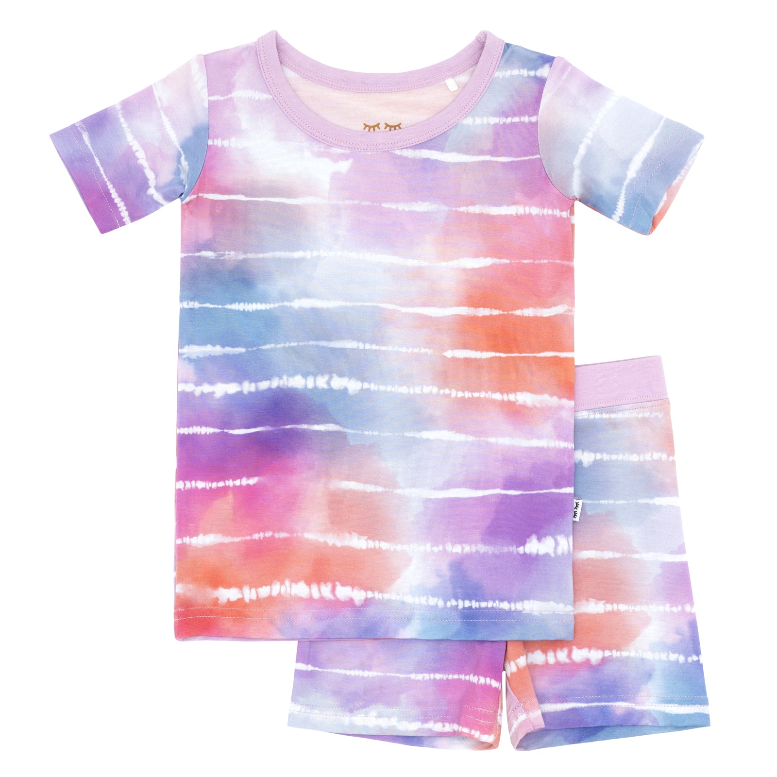 Flat lay image of a Pastel Tie Dye Dreams two-piece short sleeve & shorts pajama set