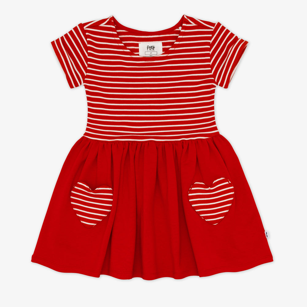 Flat lay of a Candy Red Patch Pocket Dress featuring short sleeves, a red and white striped top and heart pockets, and red skirt