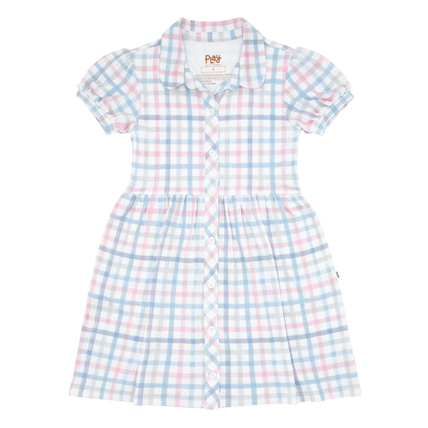 Flat lay image of a Playful Plaid puff sleeve button down dress